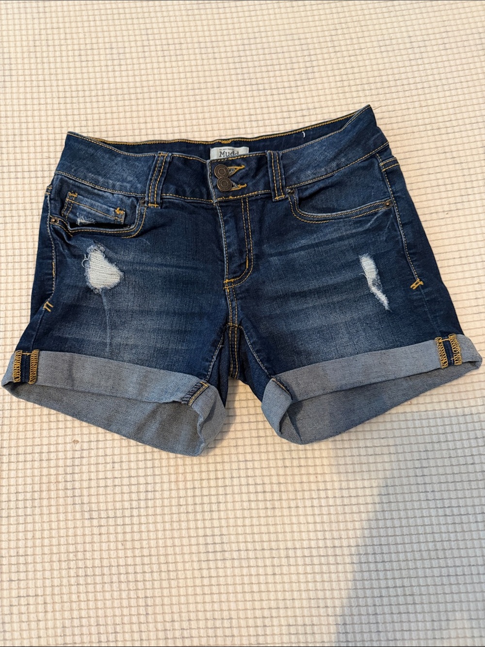 Mudd Indigo Distressed Rolled Cuff Denim Shorts